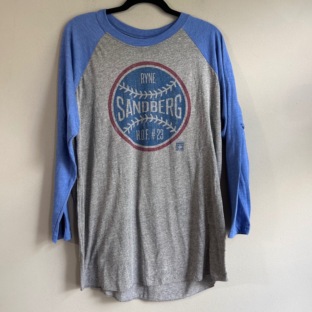 Next Level Ryne Sandberg HOF #23 Chicago Cubs Raglan Baseball Tee Grey Blue M